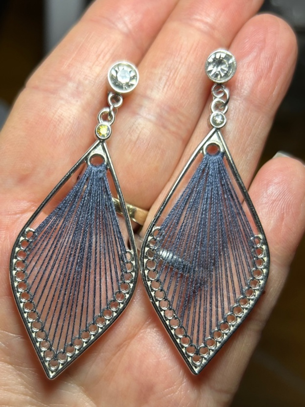 3/$25 Silver Teardrop Blue Thread Earrings